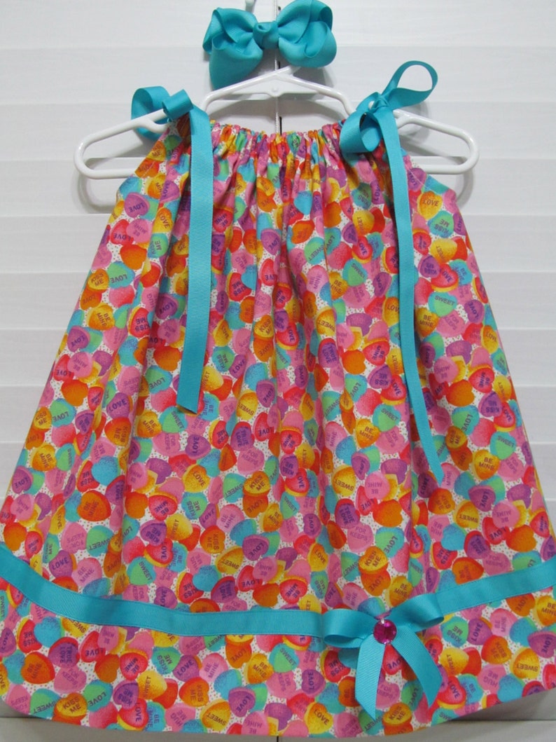 Valentines day conversation hearts dress and hair bow size 12 to 18 months handmade image 1