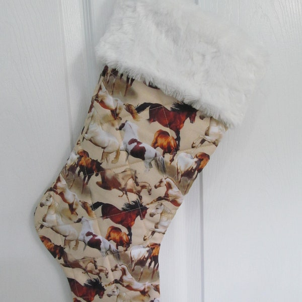 Horses running free Christmas stocking lined and quilted white fur top