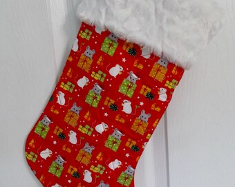 Rats Mouse  Christmas stocking lined and quilted white faux rabbit fur  top