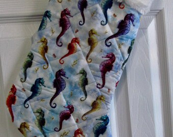 Seahorse Coastal Christmas stocking lined and quilted white fur top