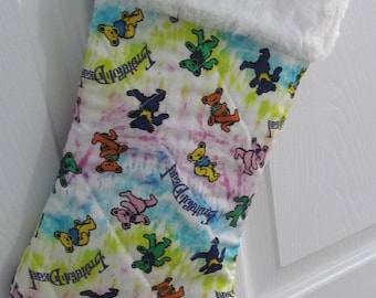 Cute little bears dancing Christmas stocking lined and quilted white faux rabbit fur  top