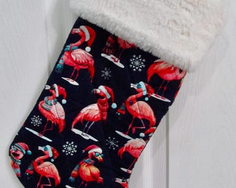 Flamingos Christmas stocking lined and quilted white fur top