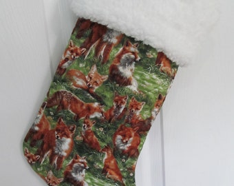 Fox  in a field Christmas stocking lined and quilted white fur  top