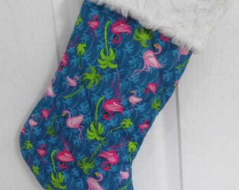 Flamingos Christmas stocking lined and quilted white faux rabbit fur  top