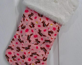 Chipmunks Christmas stocking lined and quilted white fur top