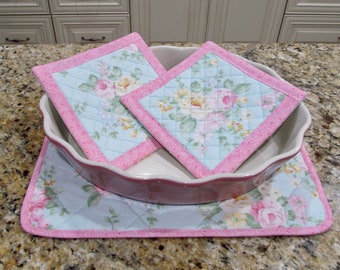 Beautiful roses quilted Handmade Potholders and casserole hot pad