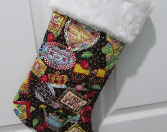 vintage fabric  Christmas stocking lined and quilted white faux rabbit fur  top