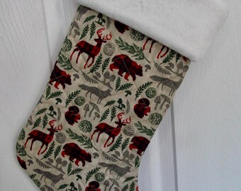 Christmas stocking plaid woodland animals handmade quilted