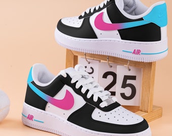 Zapatillas Air Force One con degradado azul y rosa pintadas a mano, zapatillas Air Force 1 con degradado azul, rosa y negro, regalo de Navidad