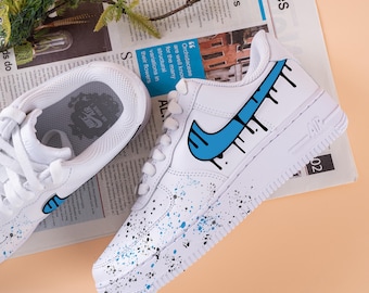 Hand Painted Black Drips Air Force 1 Custom Splash Drips Sneakers Blue Black Drip Splatter AF1 Sneakers Blue Paint Splatters Shoes Gifts