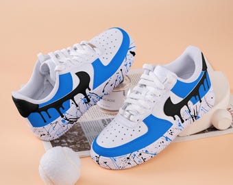 Blue Splash Air Force One Hand Painted Black Drip Air Force 1 Custom Splash Drips Sneakers Blue And Black AF1 Sneakers Birthday Gifts