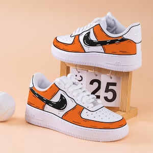 Zapatillas Air Force One de color naranja y negro pintadas a mano con dibujos animados, personalizadas, de color naranja y negro, Air Force 1 de color negro, zapatos de boda