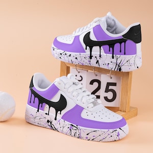 Purple Splash Air Force One Hand Painted Black Drops Air Force 1 Custom Splash Drips Sneakers Purple And Black AF1 Sneakers Birthday Gifts