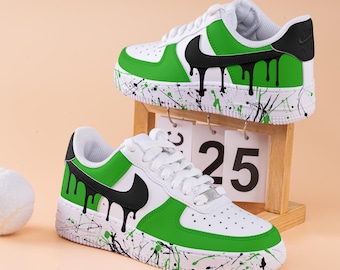 Green Splash Air Force One Hand Painted Black Drip Air Force 1 Custom Splash Drips Sneakers Green And Black AF1 Sneakers Wedding Shoes Gifts