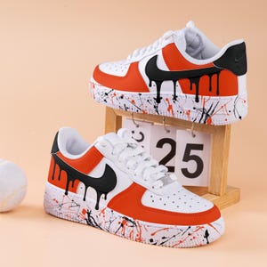 Orange Splash Air Force One Hand Painted Black Drip Air Force 1 Custom Splash Drips Sneakers Orange And Black AF1 Sneakers Wedding Shoes