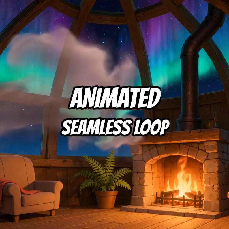 Fundo animado mágico com lareira e aurora boreal para transmissões de VTubers · 1080p MP4 imagem 1