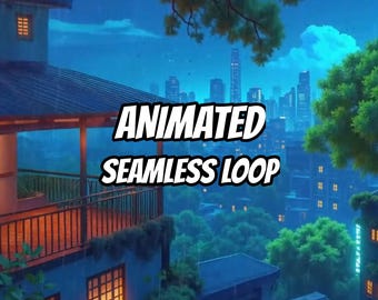 May include: An animated seamless loop digital illustration featuring a rainy cityscape at twilight. A balcony with a dark railing overlooks a dense urban skyline with glowing windows, surrounded by lush green trees under a deep blue sky.