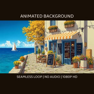 Fundo animado Lofi Anime Seaside Cafe para vídeos Lofi · 1080p MP4