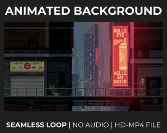 Animowane tło Cyberpunk City w stylu Pixel Art: nakładka strumieniowa (plik MP4 do pobrania w wersji cyfrowej)