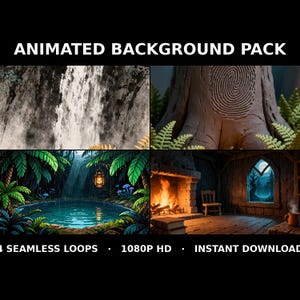 Pode incluir: Pacote de fundos animados com quatro cenas: uma cascata a preto e branco, um tronco com padrão de impressão digital, um lago tropical com lanterna e uma sala com lareira. Texto: ANIMATED BACKGROUND PACK, 4 SEAMLESS LOOPS, 1080P HD, INSTANT DOWNLOAD.