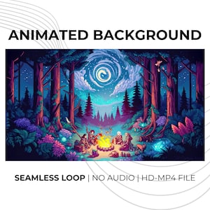 Puede incluir: Imagen de fondo animada de una escena de bosque con una fogata y figuras. La imagen presenta un cielo nocturno estrellado con una luna arremolinada, rodeado de árboles y follaje colorido. Texto: ANIMATED BACKGROUND.