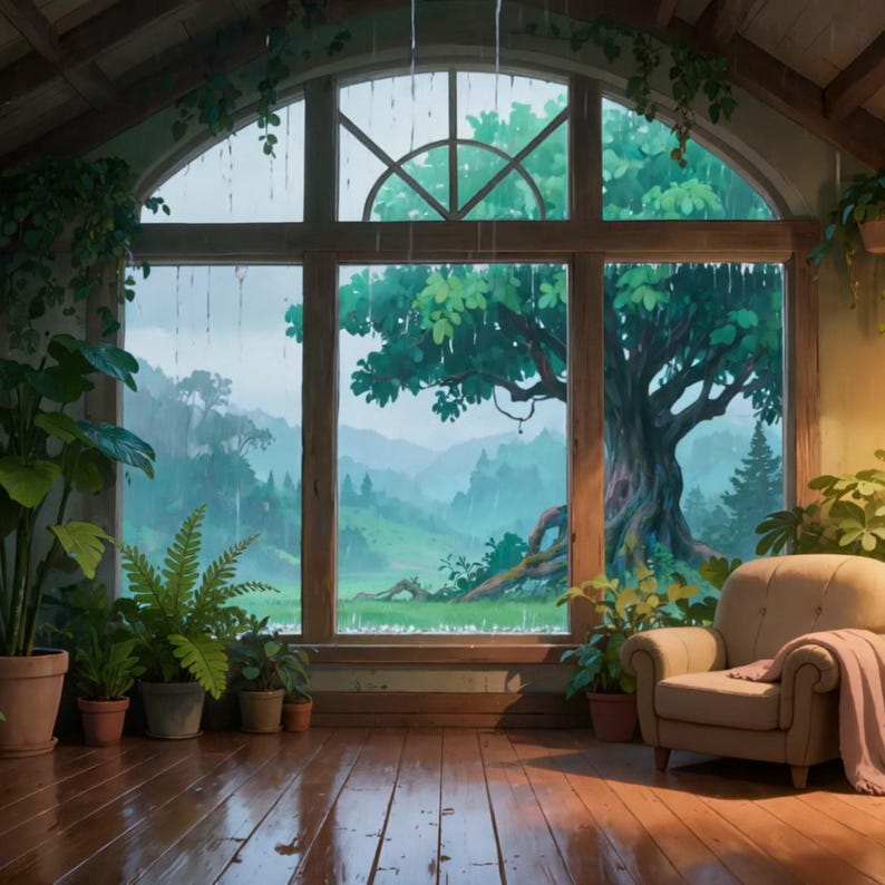 Solário aconchegante e chuvoso com plantas exuberantes - Papel de parede animado para vídeos do YouTube · 1080p MP4 imagem 2