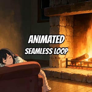 Fond animé d'écran chaleureux avec une jeune fille endormie près d'une cheminée, idéal pour le télétravail · 1080p MP4 image 1