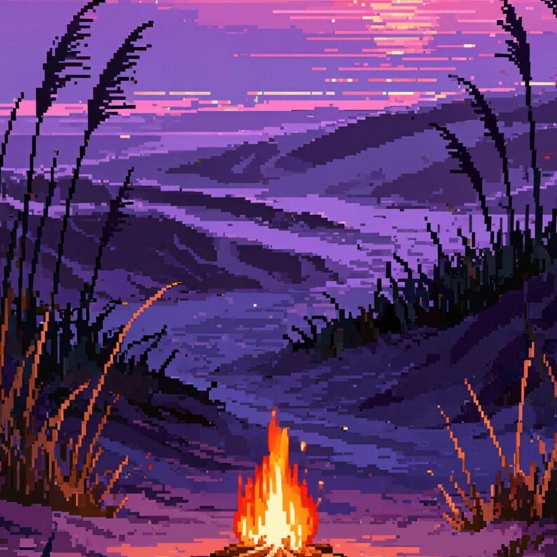 Pixel Art Beach Campfire Sunset Animated Background for Streaming · 1080p MP4 image 2