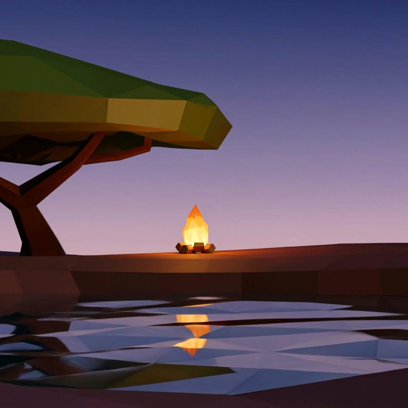Low-Poly-Lagerfeuer am Wasser in der Abenddämmerung – animierter Hintergrund für Lofi-Videos · 1080p MP4 Bild 2
