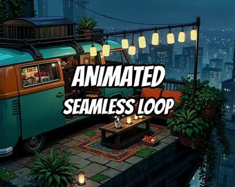 May include: A teal and orange camper van parked on a rooftop terrace at night, featuring a wooden coffee table, potted plants, and string lights. The text "ANIMATED SEAMLESS LOOP" is overlaid in the center of the scene against a city skyline.