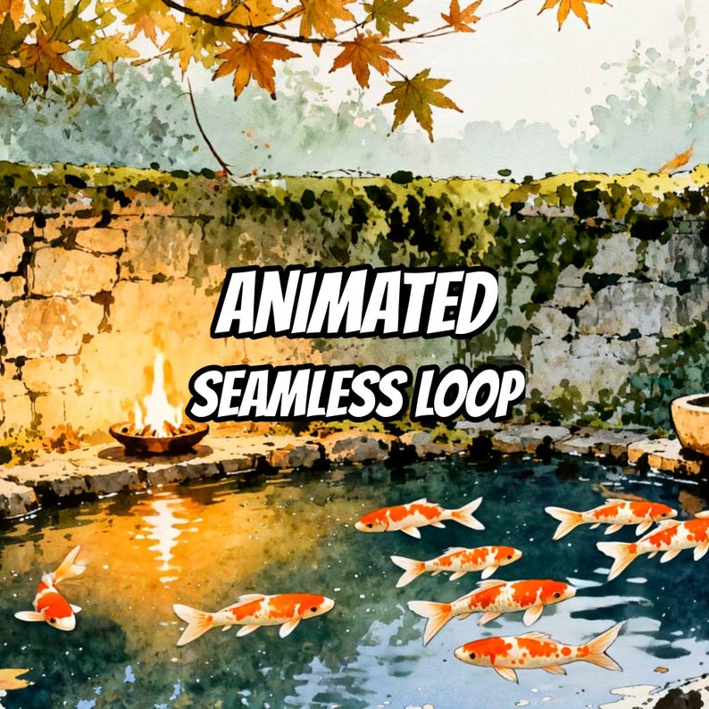 Autumn Koi Pond with Firepit Animated Background for VTuber Stream · 1080p MP4 image 1