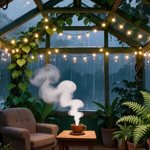 Cozy Rainy Greenhouse String Lights Animated Wallpaper for Zoom Calls · 4K + 1080p MP4 image 2