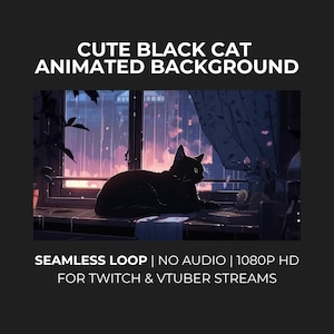 May include: Animated background showing a black cat on a windowsill, with a cityscape visible through the window. The text "CUTE BLACK CAT ANIMATED BACKGROUND" is at the top. The bottom text reads "SEAMLESS LOOP | NO AUDIO | 1080P HD FOR TWITCH & VTUBER STREAMS."