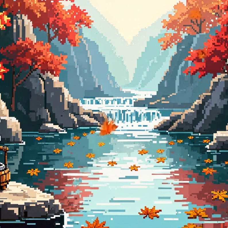 Animierter Pixel-Hintergrund mit heißen Quellen am Herbstfluss für Streaming · 1080p MP4 Bild 2