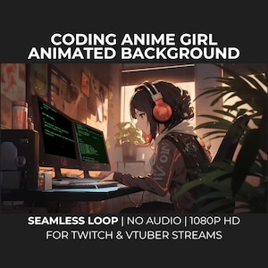 Può includere: Uno sfondo animato con una ragazza anime che codifica. L'immagine include il testo "CODING ANIME GIRL ANIMATED BACKGROUND" e "SEAMLESS LOOP | NO AUDIO | 1080P HD FOR TWITCH & VTUBER STREAMS". La ragazza indossa le cuffie ed è in una stanza con piante e un computer.