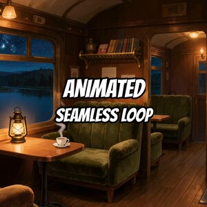 Accogliente vagone ferroviario vintage per un viaggio notturno, sfondo animato per streaming su Twitch · 1080p MP4 immagine 1