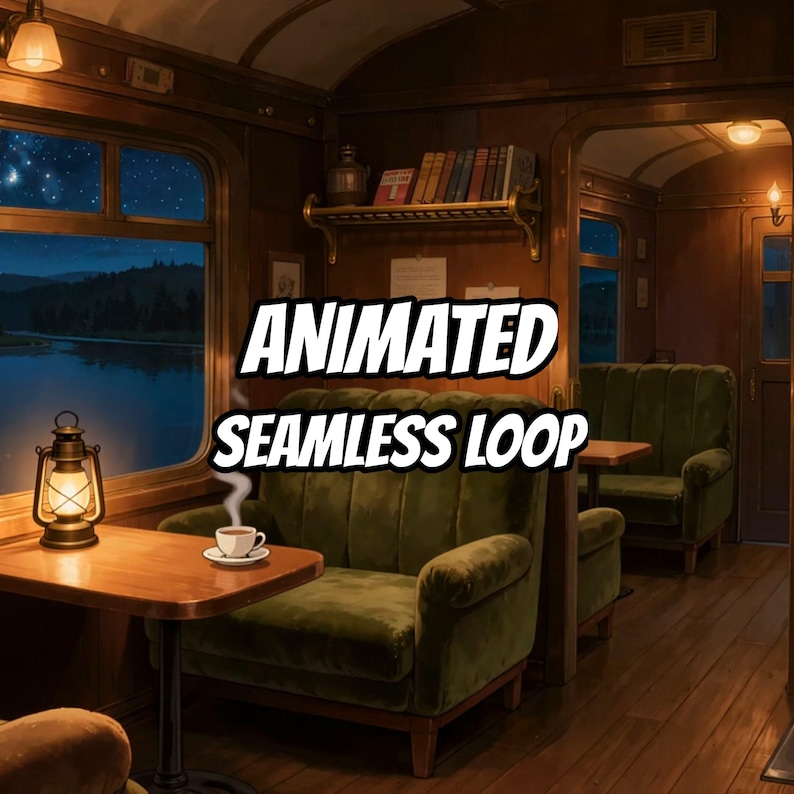 Accogliente vagone ferroviario vintage per un viaggio notturno, sfondo animato per streaming su Twitch · 1080p MP4 immagine 1