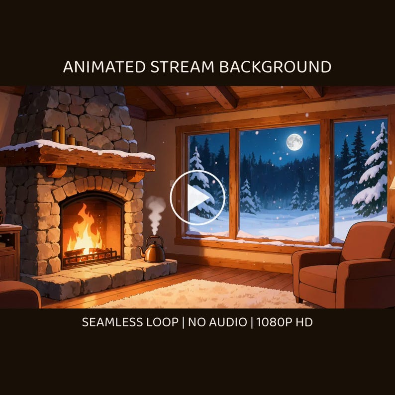 Cozy Fireplace Cabin Snowy Night Video Background for Sleep and Relaxation · 4K + 1080p MP4 image 1