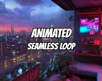 May include: An animated seamless loop video file featuring a balcony overlooking a rainy city skyline at dusk. The scene includes a round table, potted plants, and a glowing neon-style framed artwork on the wall with purple and blue lighting.