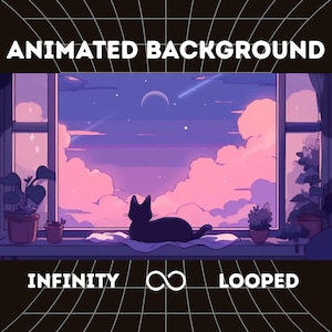 Könnte beinhalten: Animierter Hintergrund mit einer schwarzen Katze vor einem Fenster mit Blick auf einen rosa-violetten Himmel, Wolken und einen Halbmond. Text: "ANIMATED BACKGROUND", "INFINITY" und "LOOPED".