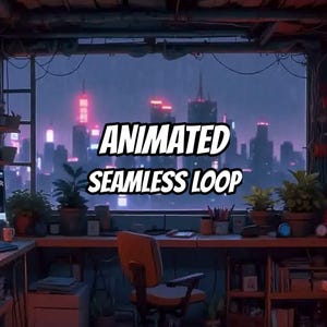 Könnte beinhalten: Eine digitale Illustration eines Arbeitsplatzes mit einem Schreibtisch, Topfpflanzen, einem Stuhl und einem Fensterblick auf eine nächtliche Skyline mit leuchtenden Lichtern. Der Text ANIMATED SEAMLESS LOOP steht mittig in weißen Buchstaben.