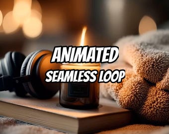 May include: A lit candle in a dark glass jar sits on a closed book next to black over-ear headphones and a textured beige fabric. The text "ANIMATED SEAMLESS LOOP" is centered in the foreground in bold white letters with a black outline.