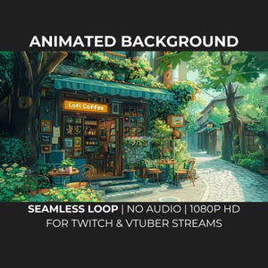以下が含まれることがあります： 「Lofi Coffee」の文字が入り口の上に表示されたカフェのアニメーション背景。緑豊かな環境に設定されています。カフェの外にはテーブルと椅子があります。「SEAMLESS LOOP | NO AUDIO | 1080P HD FOR TWITCH & VTUBER STREAMS」のテキストも含まれています。