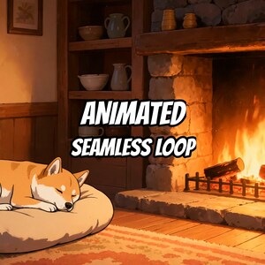 Fondo de pantalla animado de Shiba Inu durmiendo junto a la chimenea para sesiones de estudio · 1080p MP4 imagen 1
