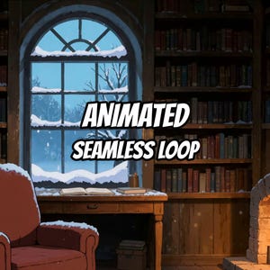 Cozy Winter Library Fireplace Animated Background for TV Screensaver · 1080p MP4 image 1