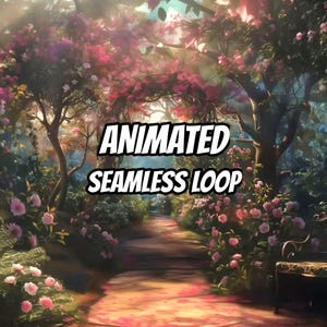 May include: A digital illustration of a garden path lined with pink and white flowering trees and bushes, featuring a dark bench on the right side. The text "ANIMATED SEAMLESS LOOP" is centered in the middle of the image in bold white letters.