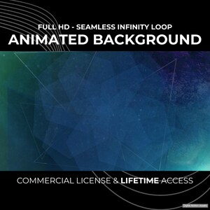 以下が含まれることがあります： 青と緑のグラデーション、幾何学的な形、そして「FULL HD - SEAMLESS INFINITY LOOP ANIMATED BACKGROUND」というテキストのアニメーション背景。画像の下部には「COMMERCIAL LICENSE & LIFETIME ACCESS」と書かれています。