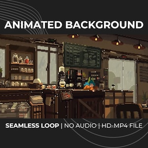 Pixel Art Cozy Rainy Cafe Interior Animated Background Seamless Loop HD MP4 Video Digital Download Lofi Barista Coffee Shop