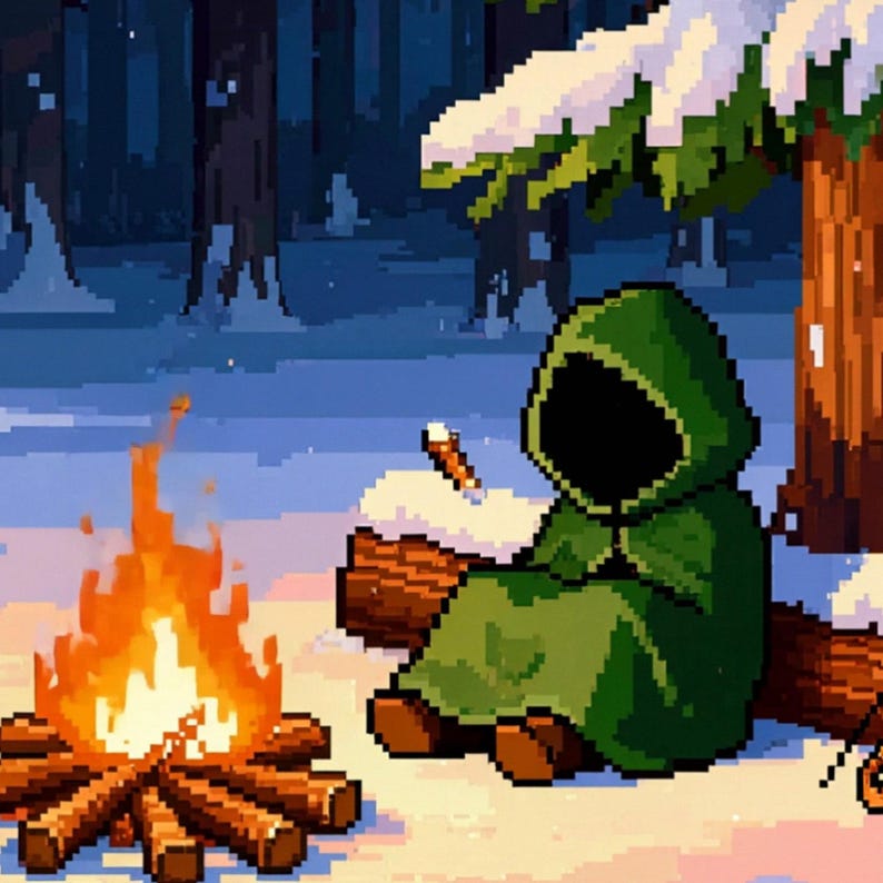 Pixel Art Snowy Forest Campfire Animated Backdrop for Work From Home · 4K + 1080p MP4 image 2