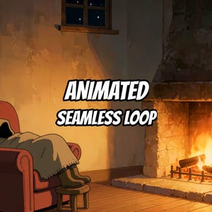 Cozy Fireside Night Sleeping Figure Animated Background for Work From Home · 1080p MP4 image 1